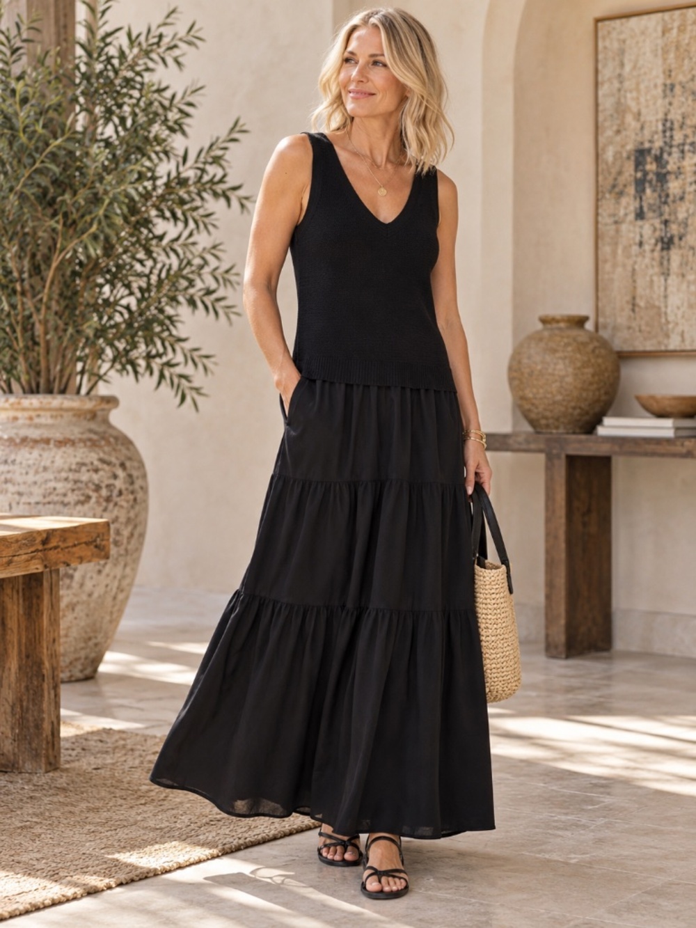 Cynthia Rowley Black Mixed Media Knit Tiered Maxi Dress XL